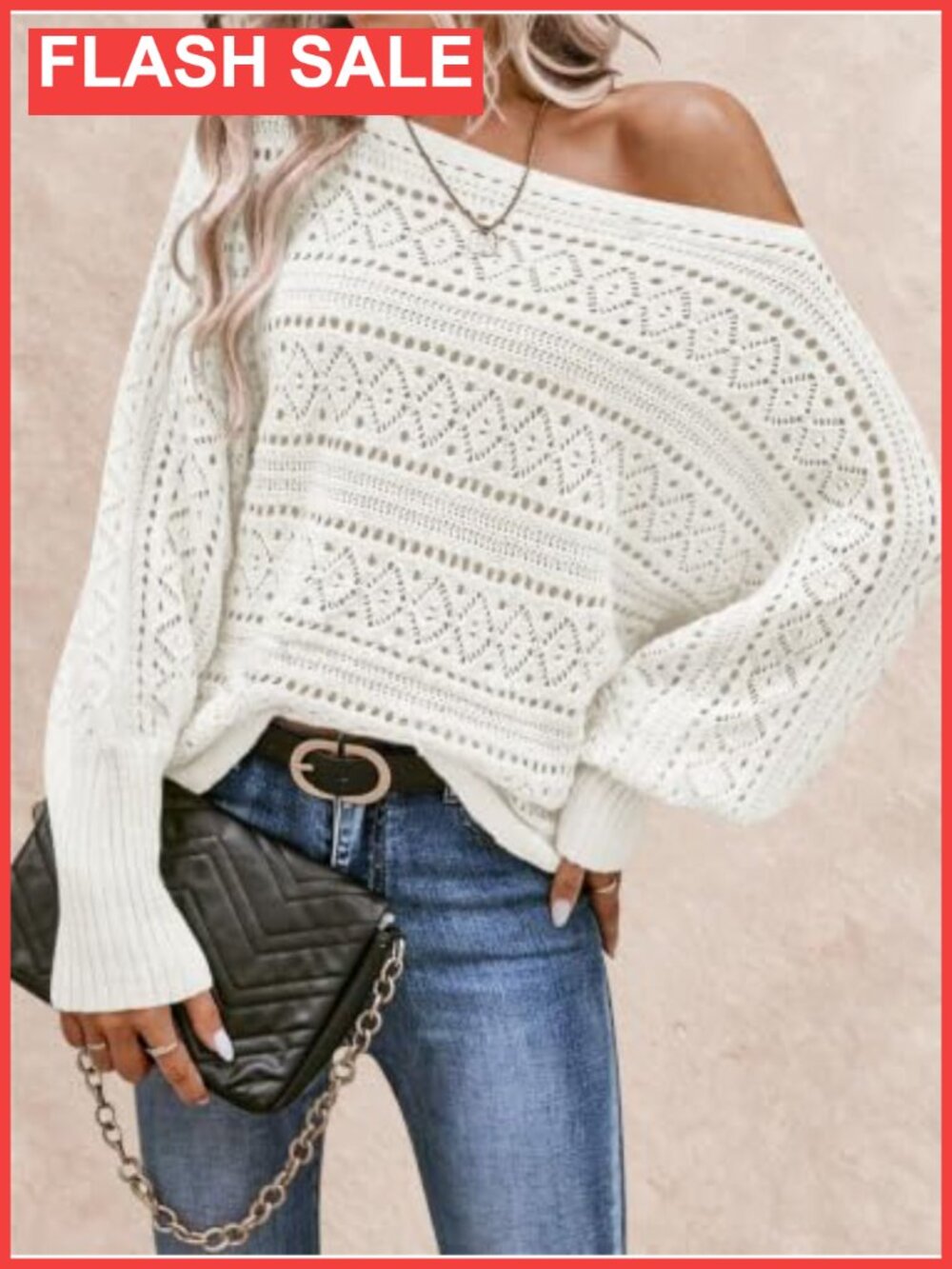 Womens Off Shoulder Oversized Crochet Knit Pullover Sweater Batwing Sleeve - Picture 2 of 6